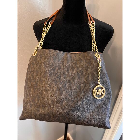 Michael Kors Jet Set Signature LG shoulder tote handbag‎ w/ gold. 13"x10"x6.5" - Picture 1 of 12
